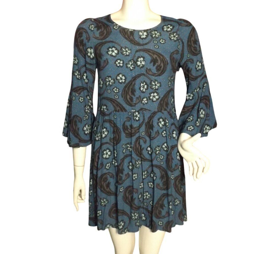 FOR LOVE & LEMONS Dress, S, Blue, Floral/Paisley, Mini/Short, Bell sleeve